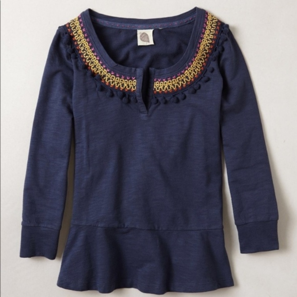 Anthro Lilka Toorie Embroidered Top Pom Pom Collar